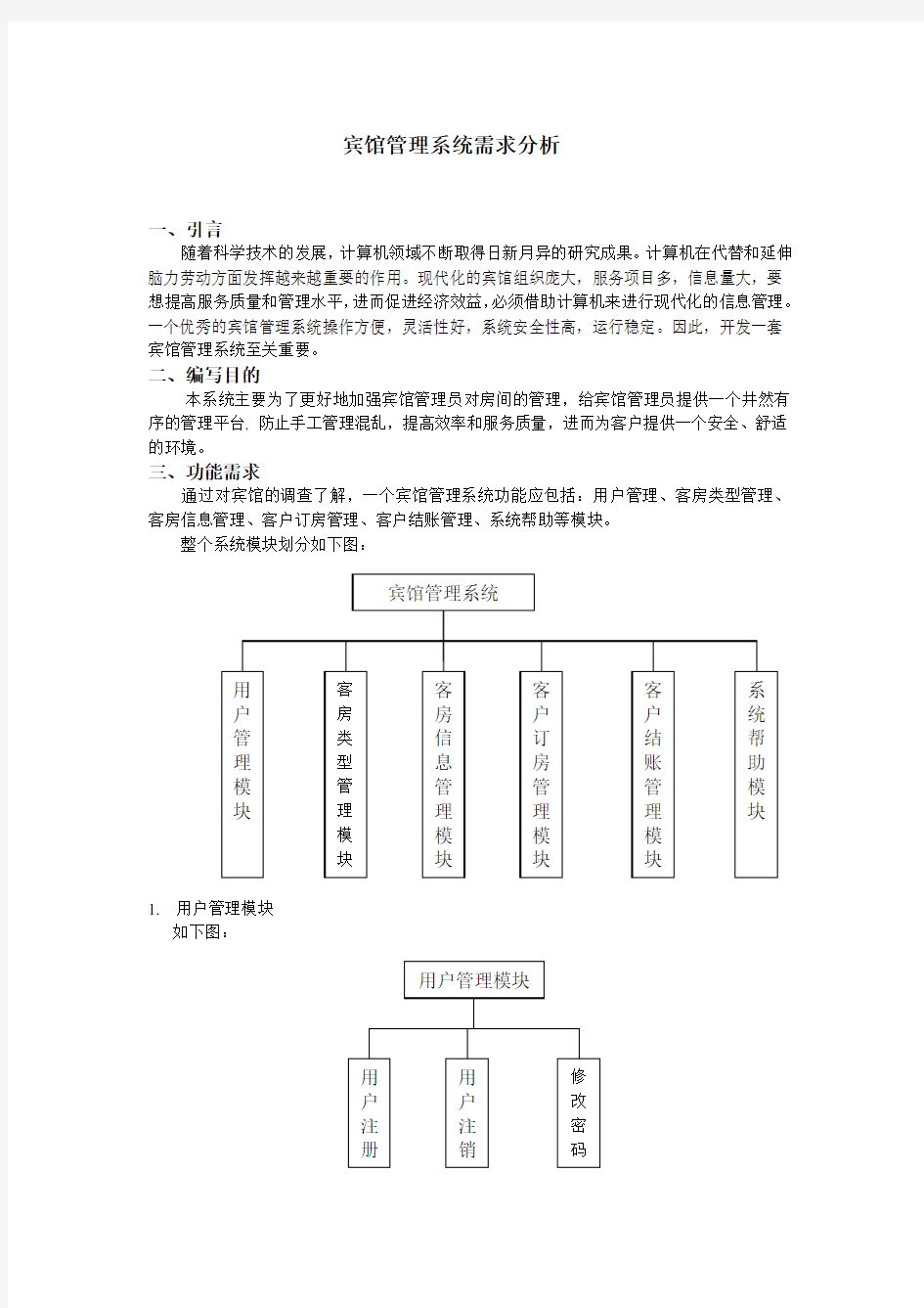 宾馆管理系统 需求分析