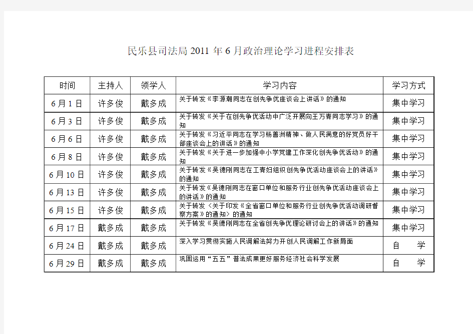民乐县司法局2011年6月政治理论学习进程安排表