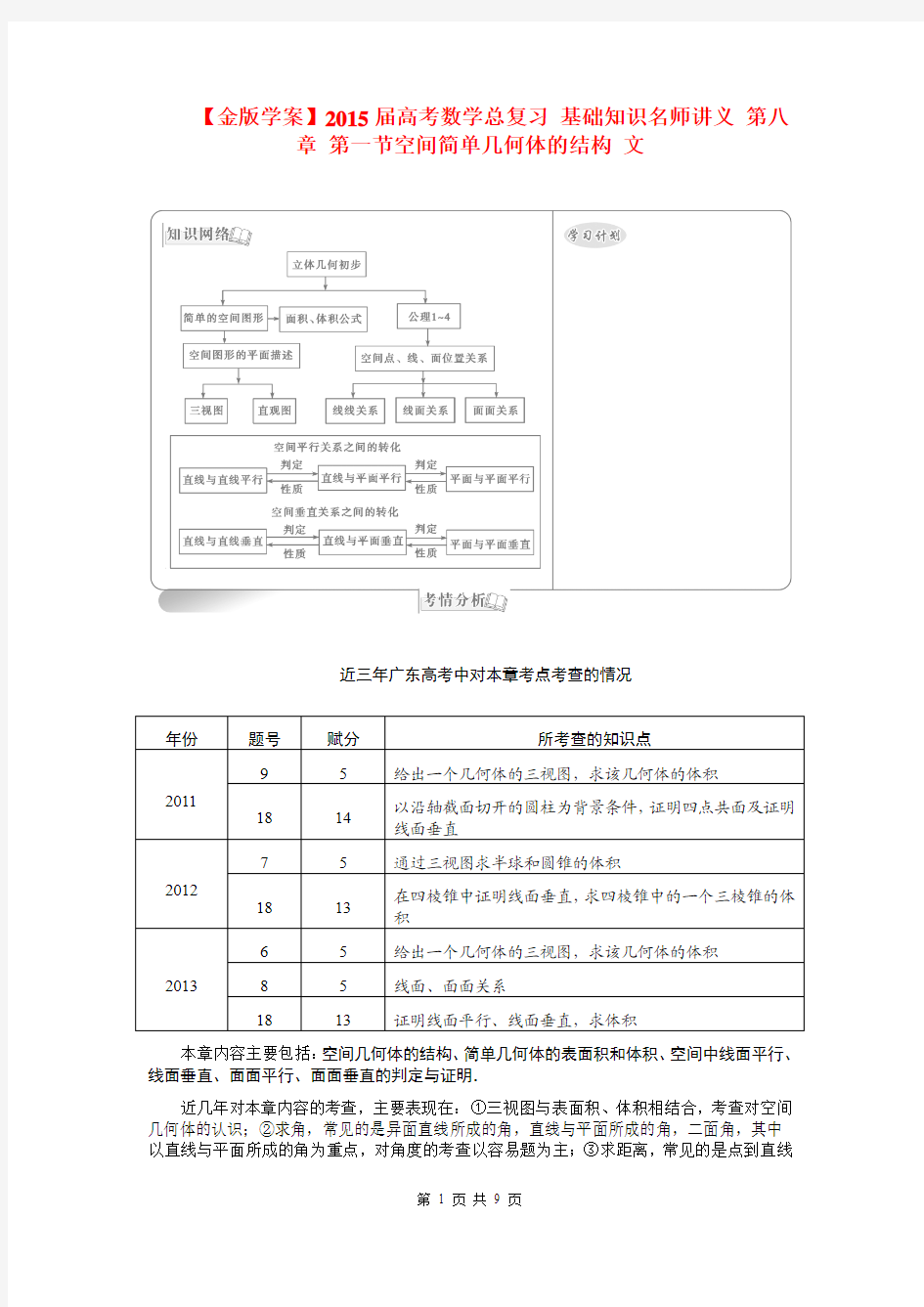 2015届高考数学总复习 基础知识名师讲义 第八章 第一节空间简单几何体的结构 文