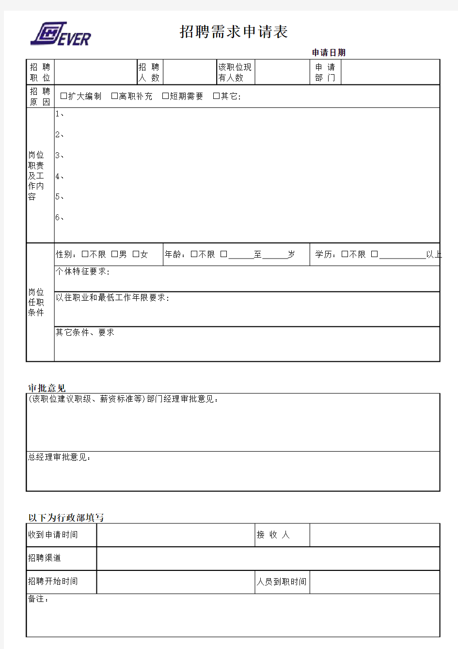 人事招聘需求申请表Excel