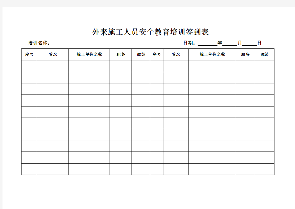 外来施工人员安全教育培训签到表