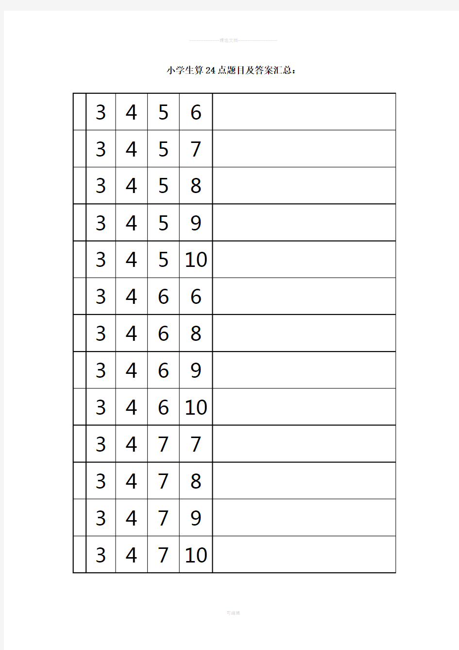 小学生算24点题目及答案汇总