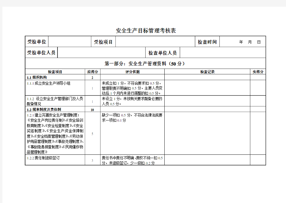 安全生产目标管理考核表