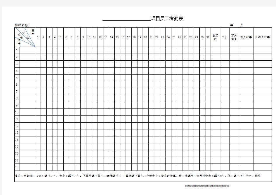 项目员工考勤记工表(计日工明细表)