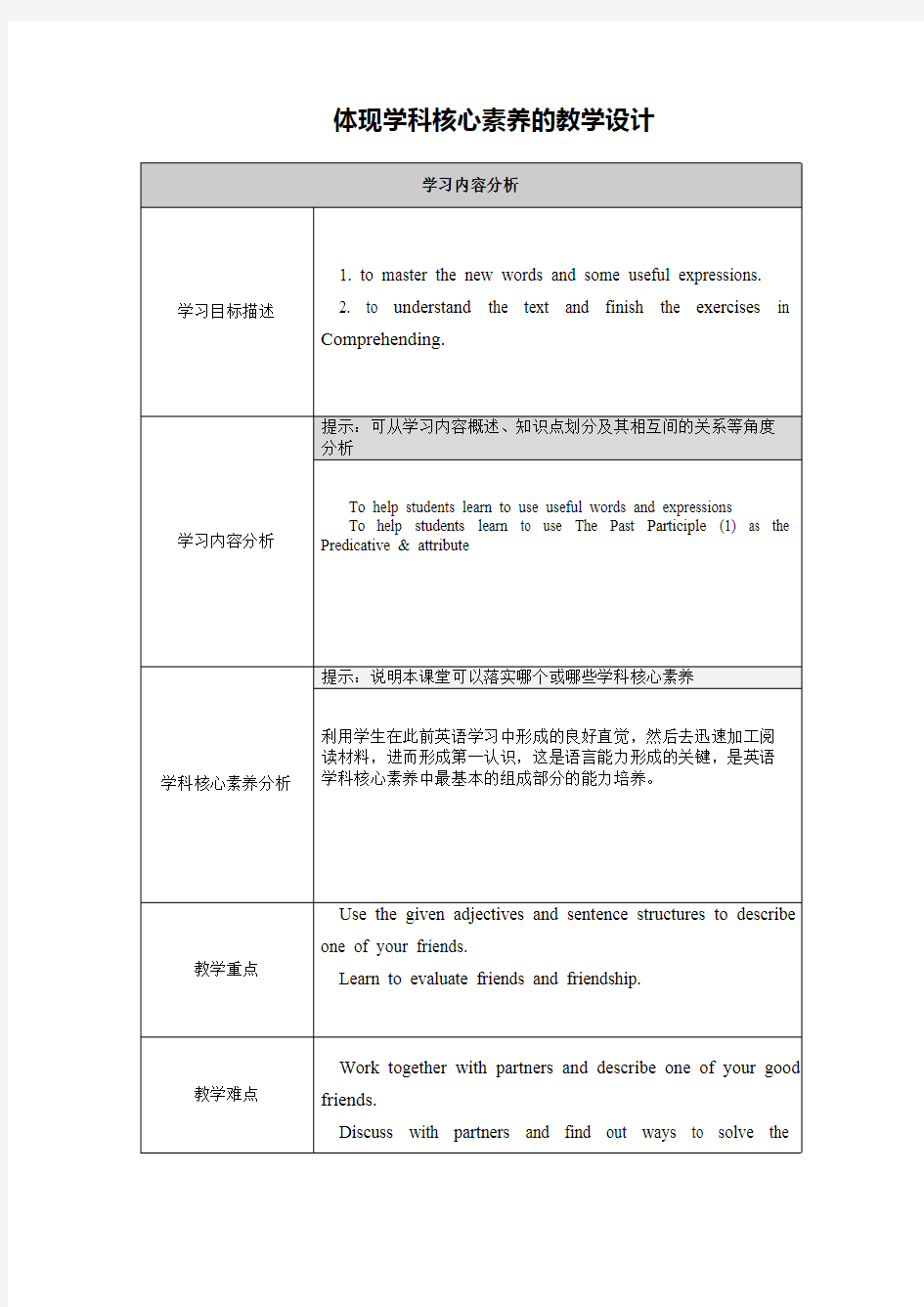 (完整版)高中英语-体现学科核心素养的教学设计-Unit1-reading(最新整理)