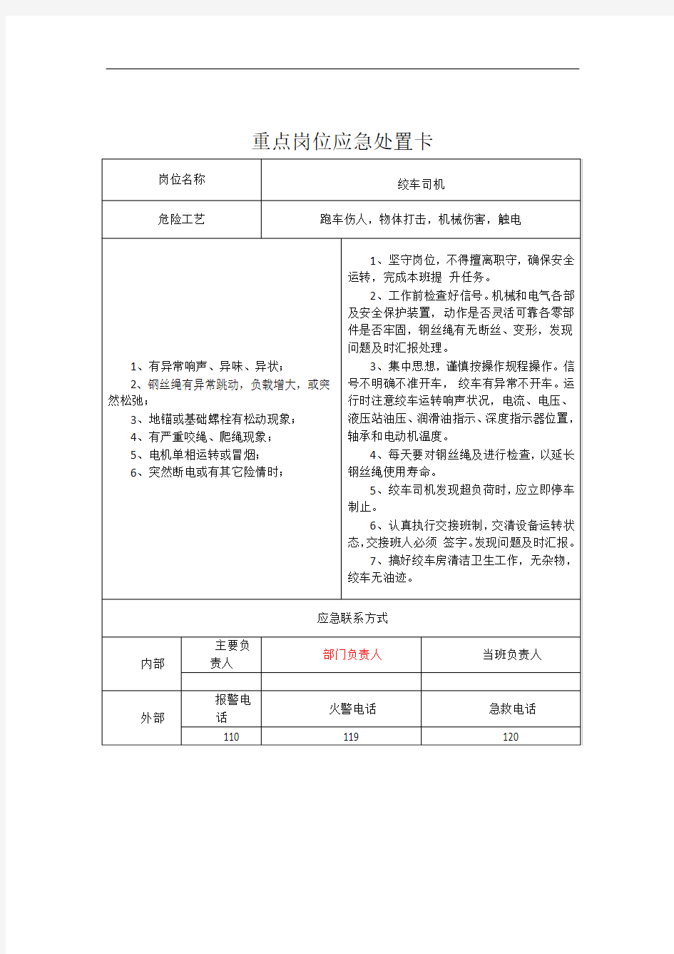 煤矿重点岗位应急处置卡