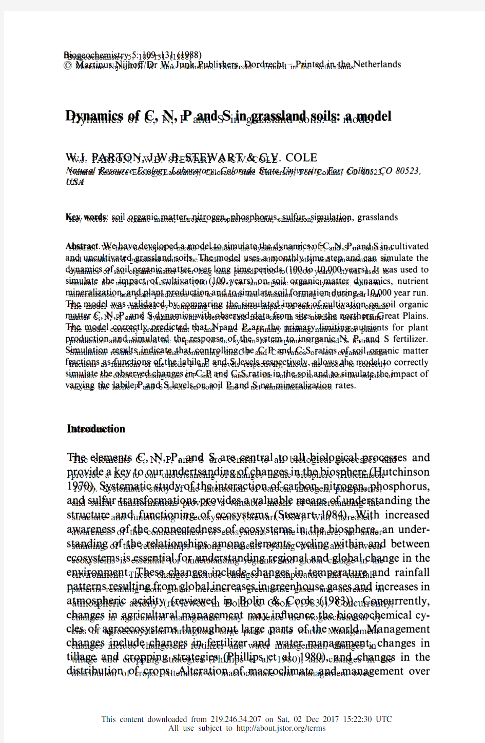 1988-Biogeochemistry- Dynamics of C, N, P and S in grassland soils  a model