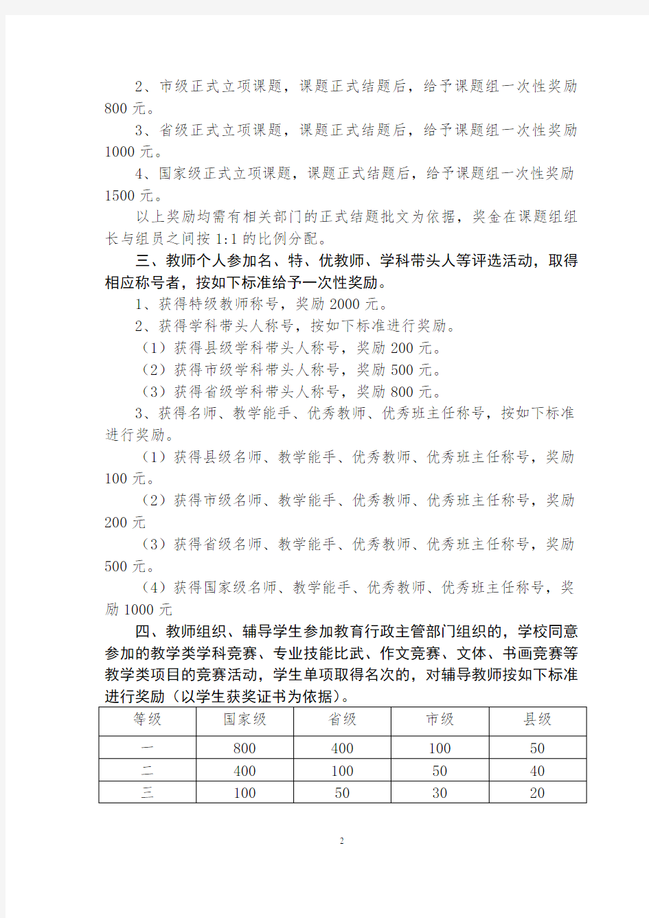 学校教师奖励制度