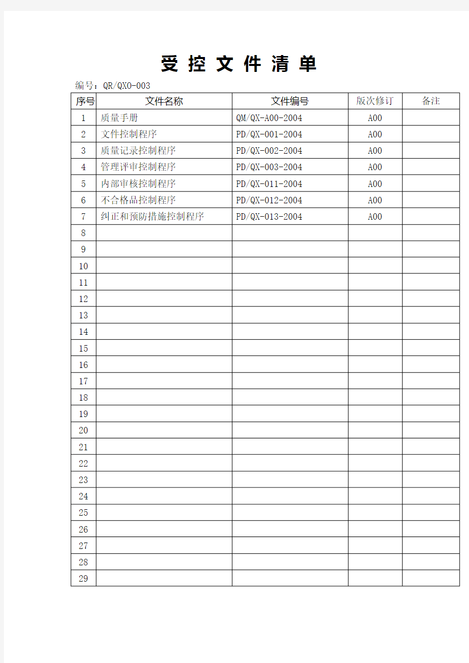 受控文件清单格式