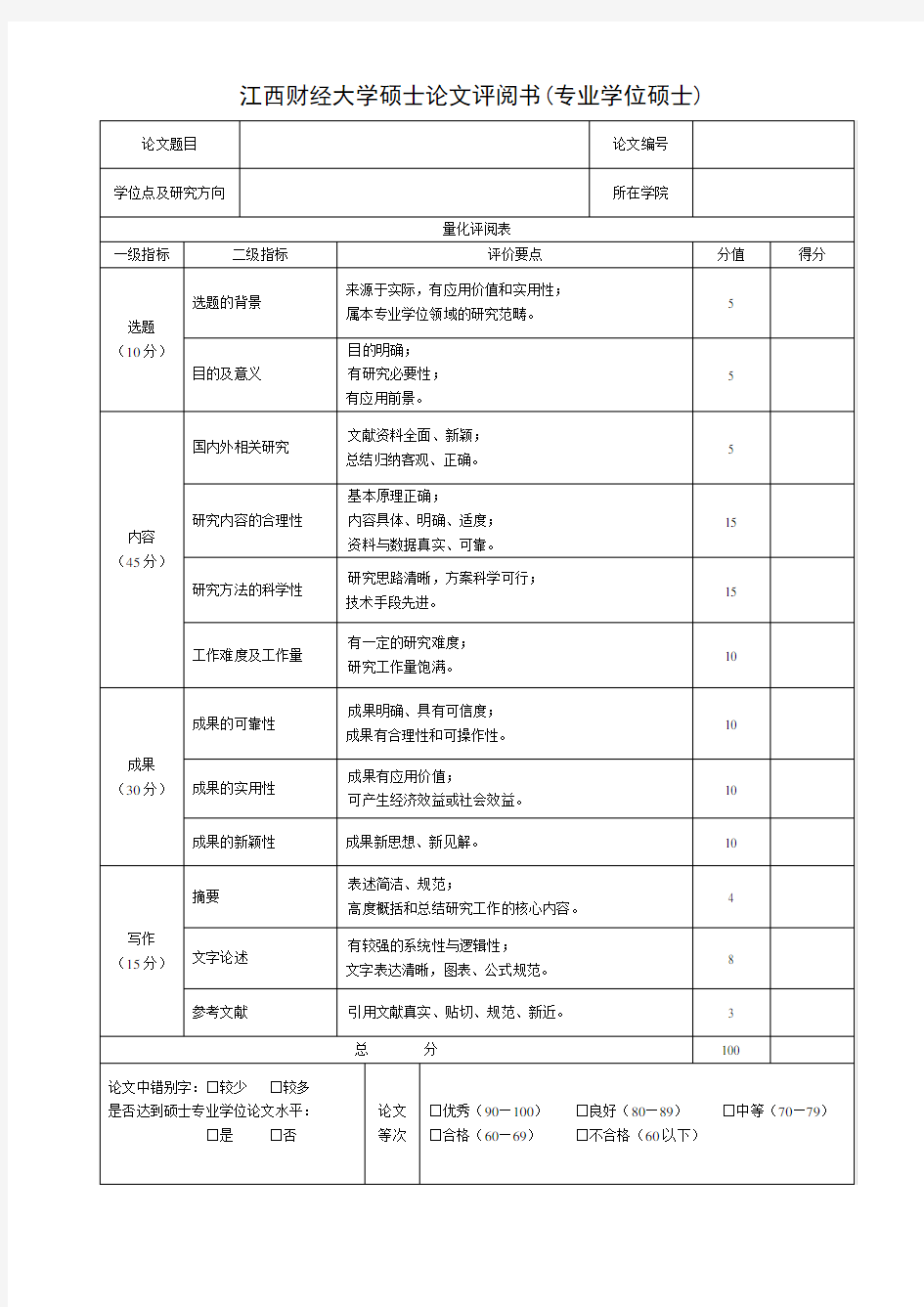 专业学位硕士论文评阅书新版