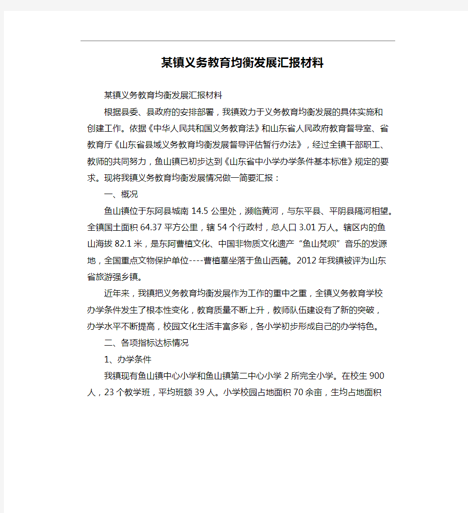 某镇义务教育均衡发展汇报材料