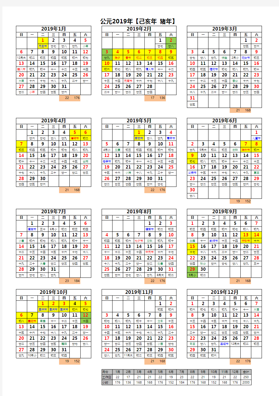 2019年日历最新(每月上班天数及小时)