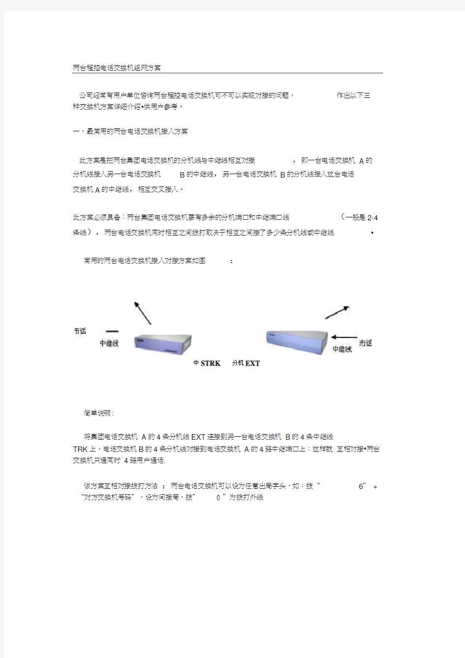 两台程控电话交换机组网方案