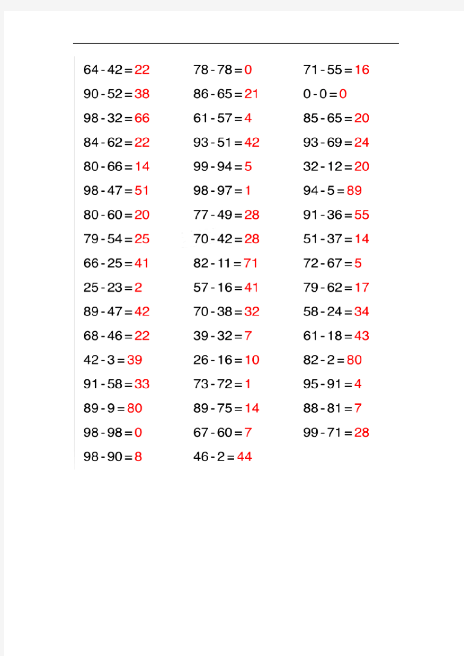 二年级上册数学口算题卡-100以内的不退位减法5   人教新课标版(图片,含答案)5096