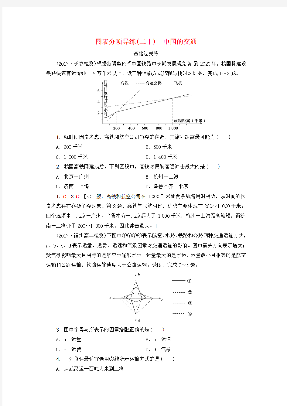2018版高考地理复习中国地理第1章中国地理概况第8讲图表分项导练二十中国的交通