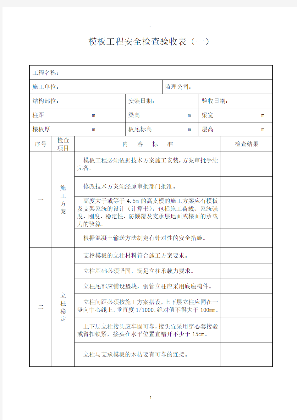 模板工程安全检查验收表