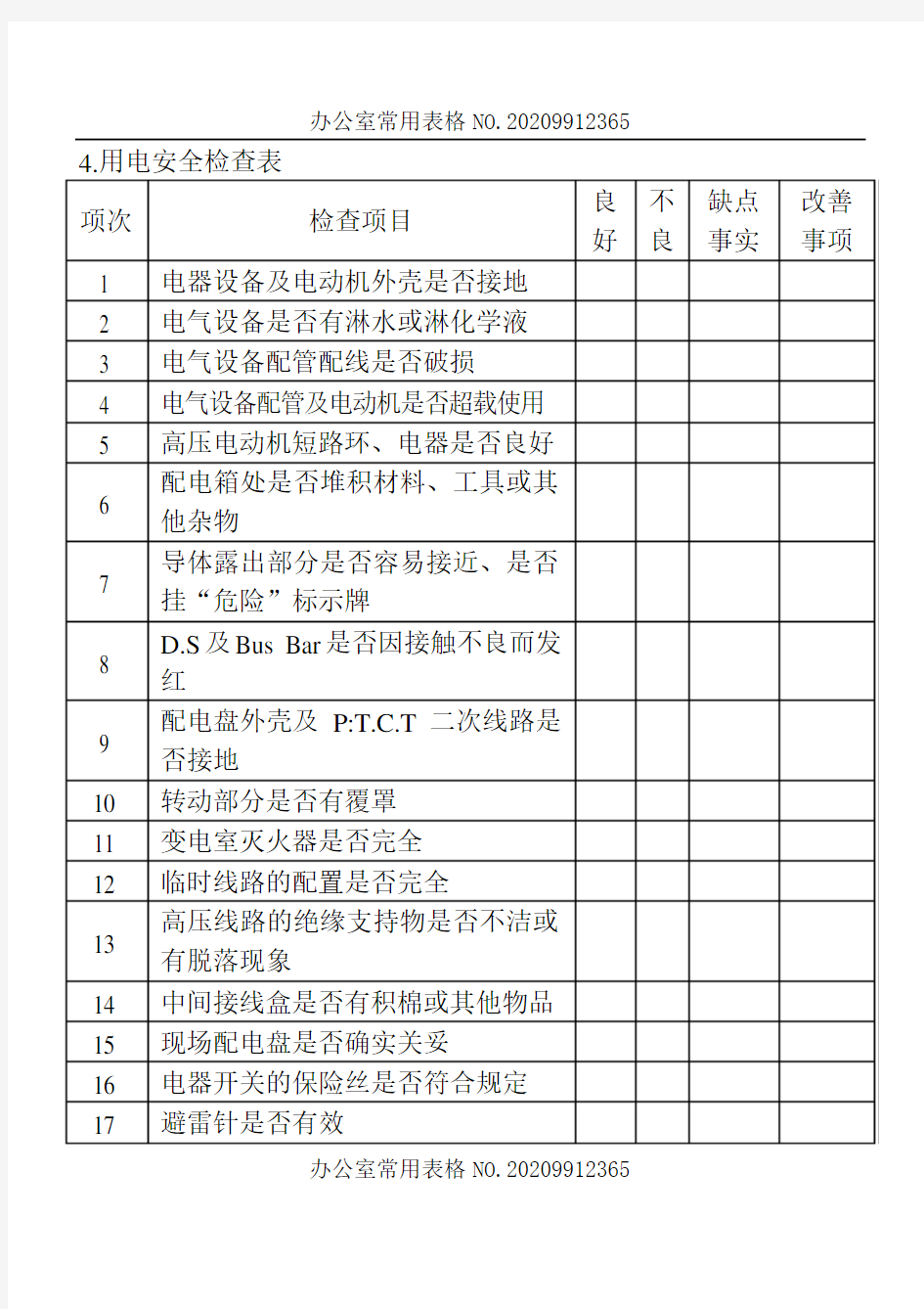 【企业常用表格模板】用电安全检查表