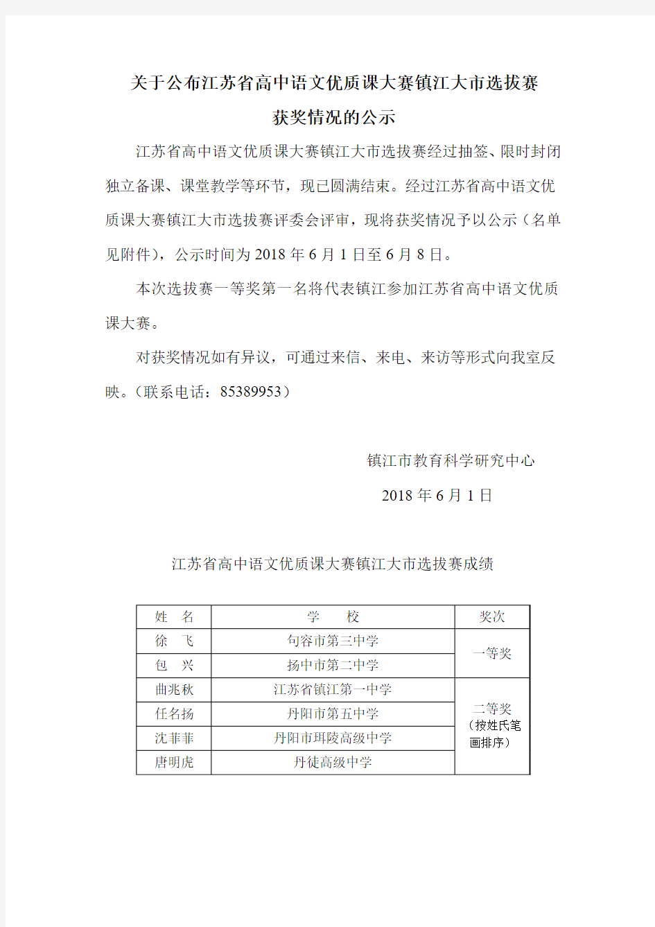 关于公布江苏省高中语文优质课大赛镇江大市选拔赛