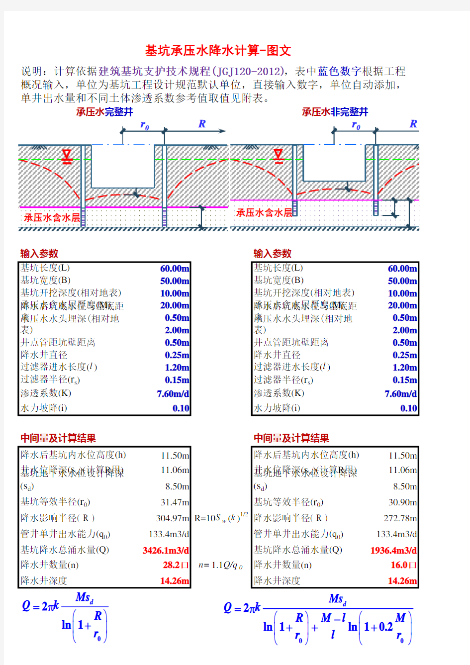 基坑降水计算-承压水完整井-非完整井