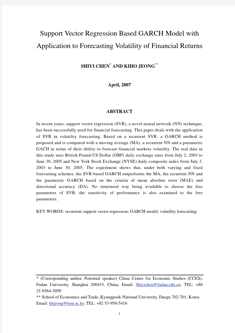 Support Vector Regression Based GARCH Model with Application to Forecasting Volatility of F