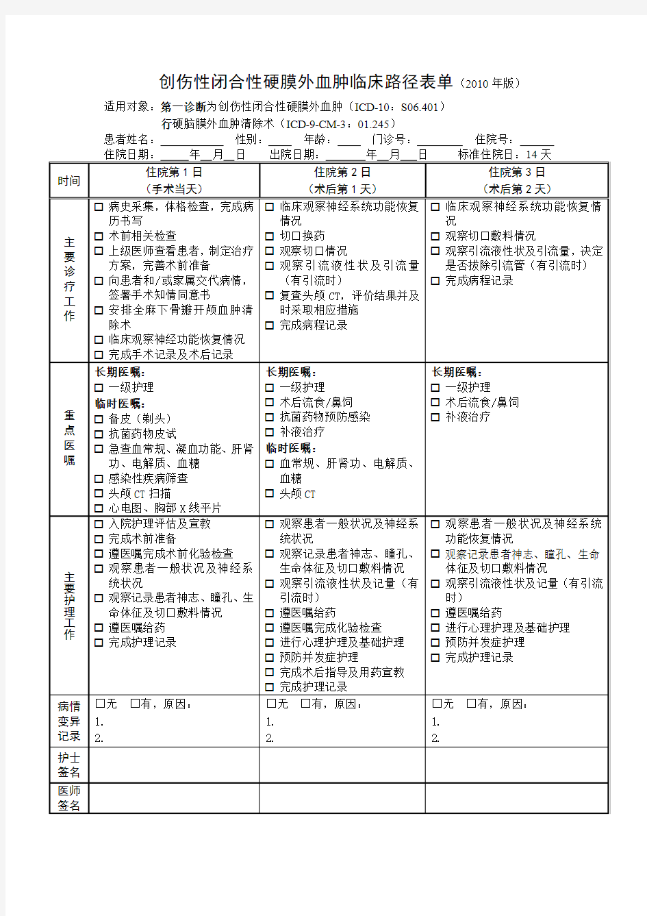 创伤性闭合性硬膜外血肿临床路径表单