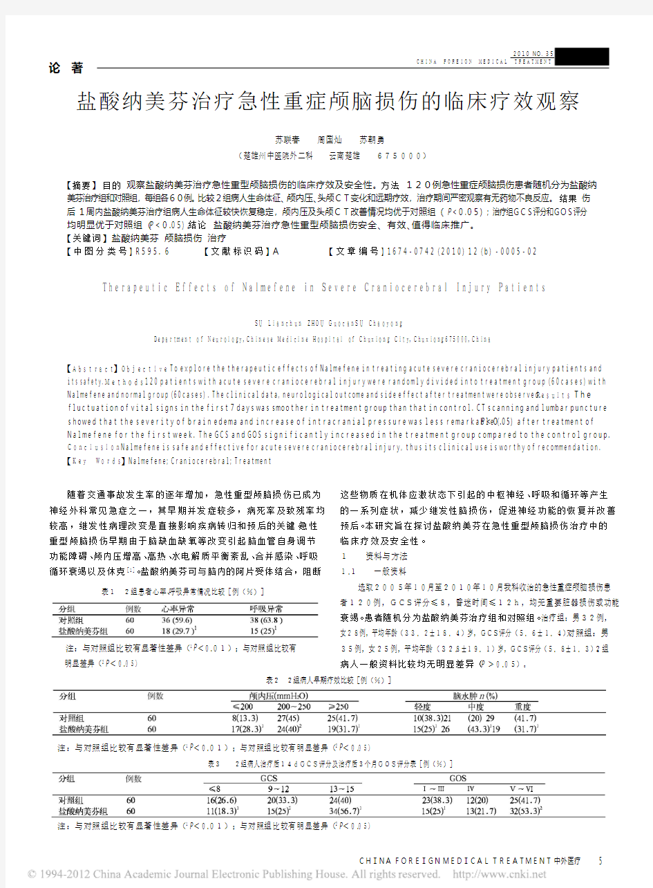 盐酸纳美芬治疗急性重症颅脑损伤的临床疗效观察