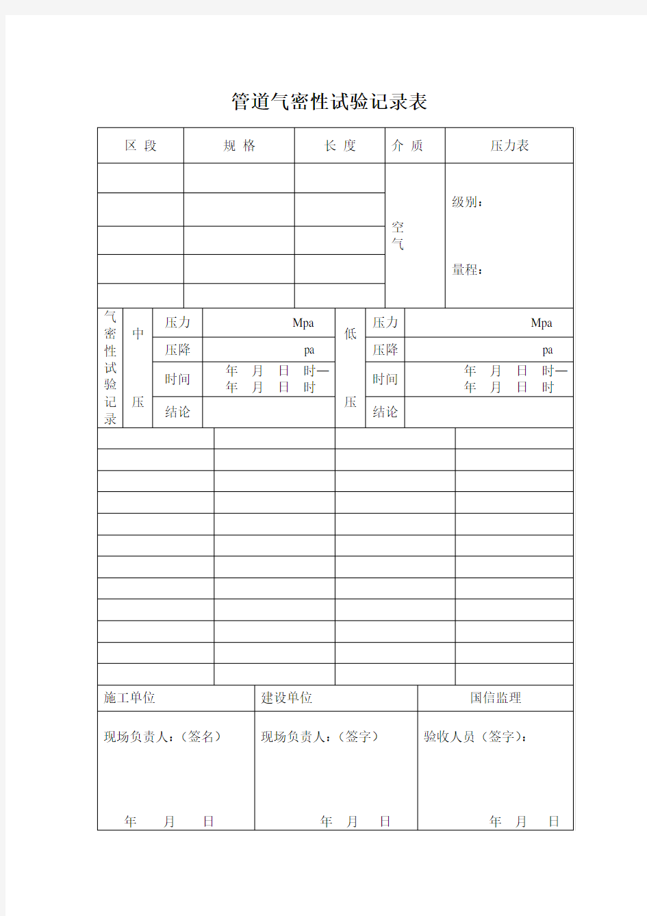 管道气密性试验记录表