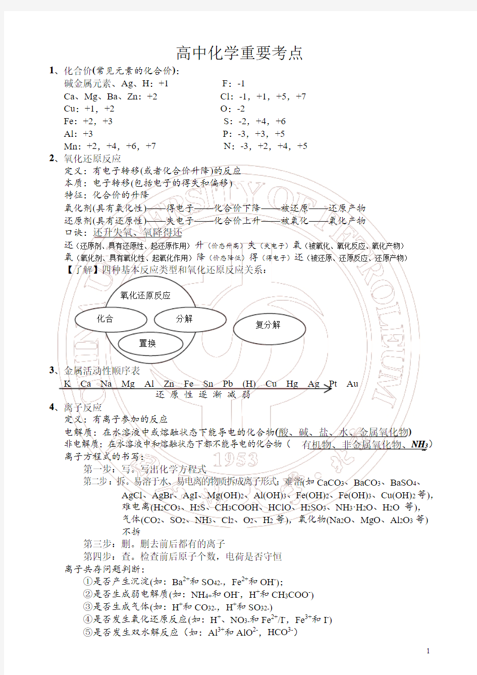 高中化学基础知识梳理