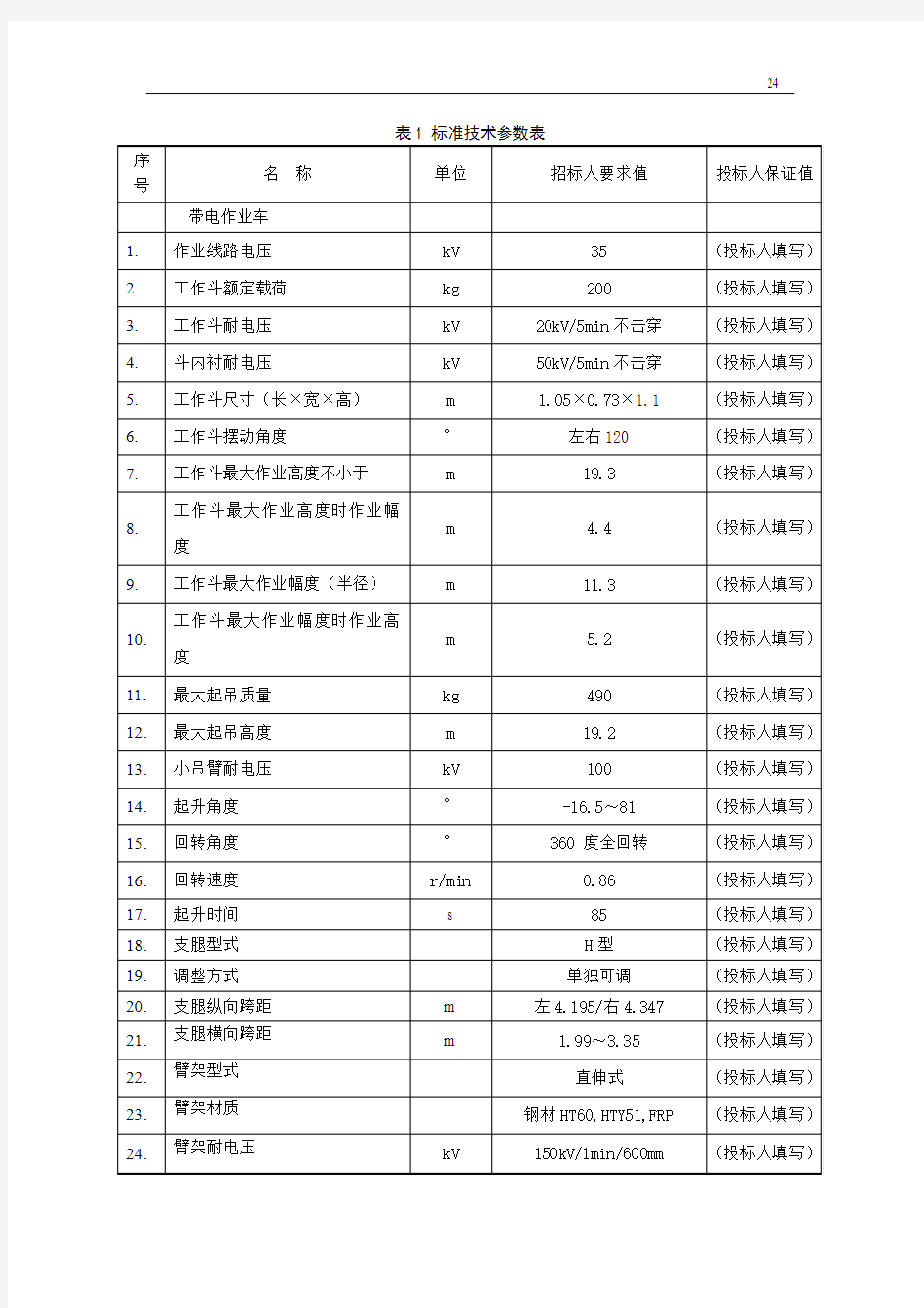 带电作业车19.3米国网标准技术参数表