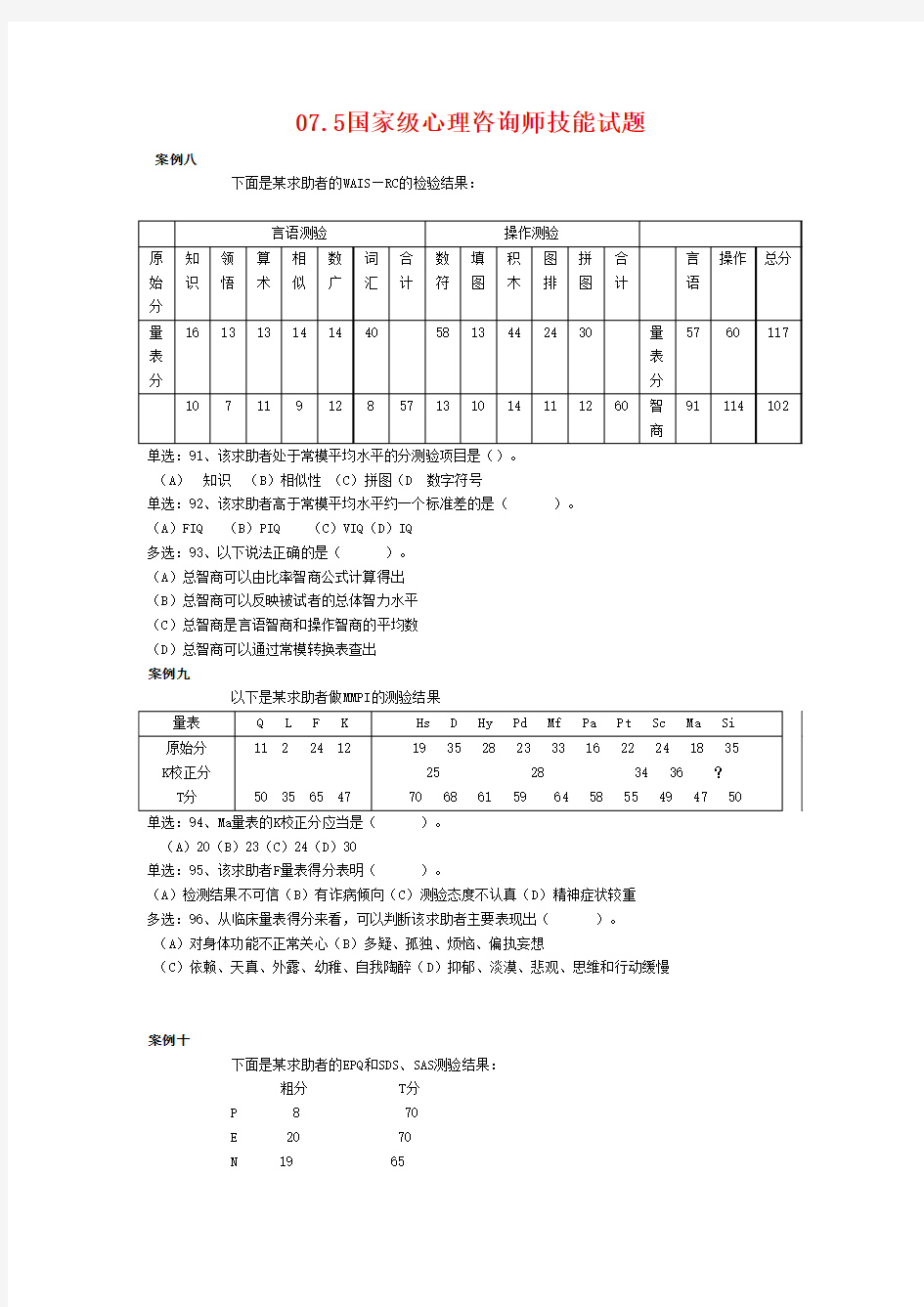 心理测验技能试题