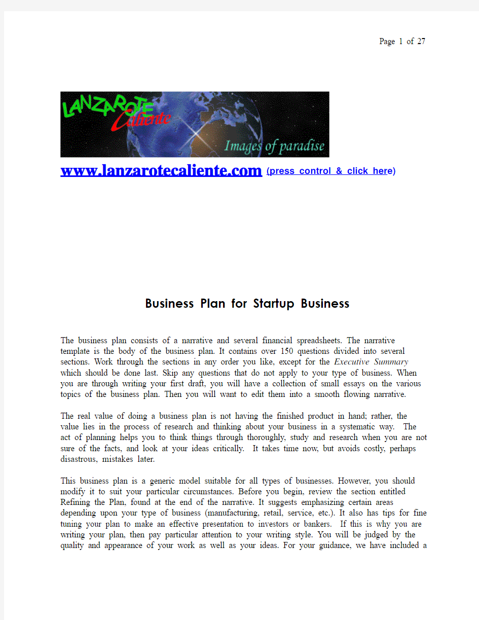 Business Plan for Startup Business Template