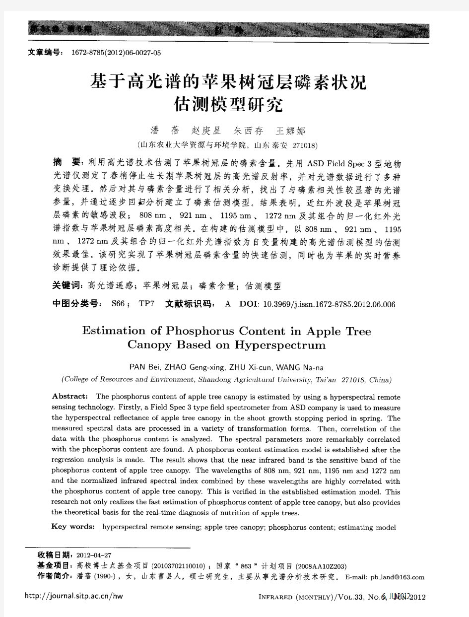 基于高光谱的苹果树冠层磷素状况估测模型研究