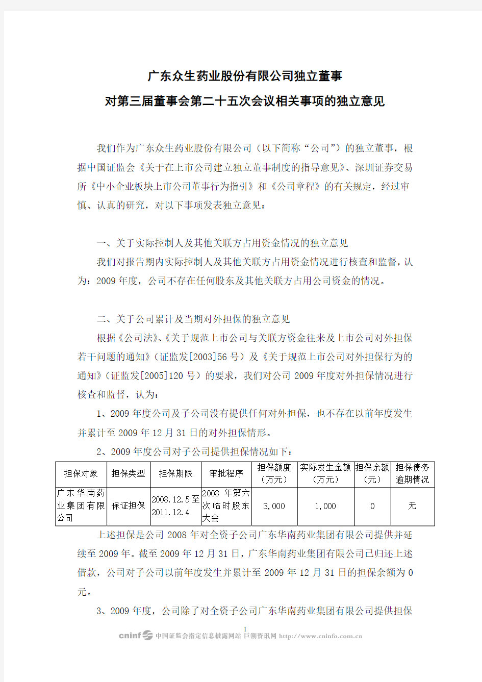 众生药业：独立董事对第三届董事会第二十五次会议相关事项的独立意见 2010-04-08