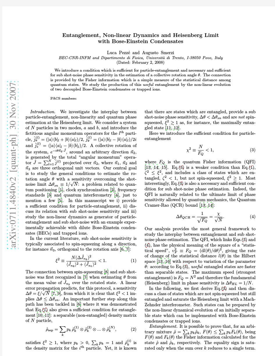 Entanglement, Non-linear Dynamics and Heisenberg Limit with Bose-Einstein Condensates