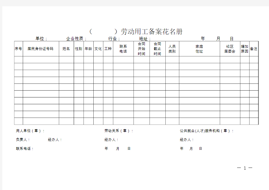 劳动用工备案花名册(一式四份)