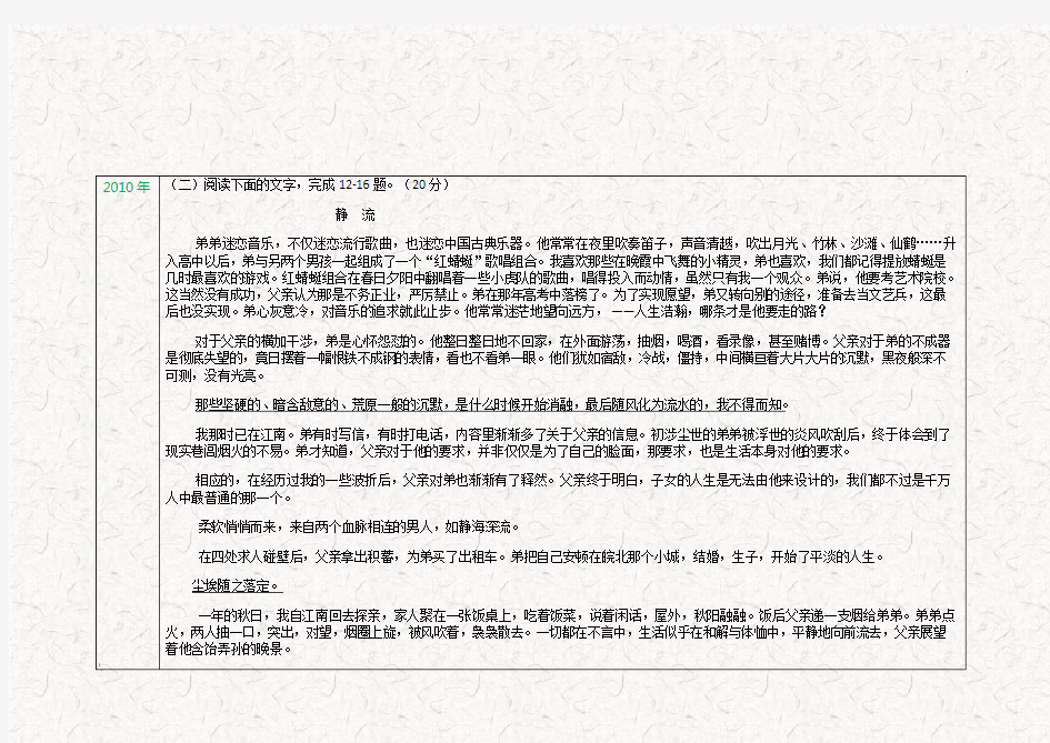 2010-2017年浙江省高考语文真题散文小说阅读学生版