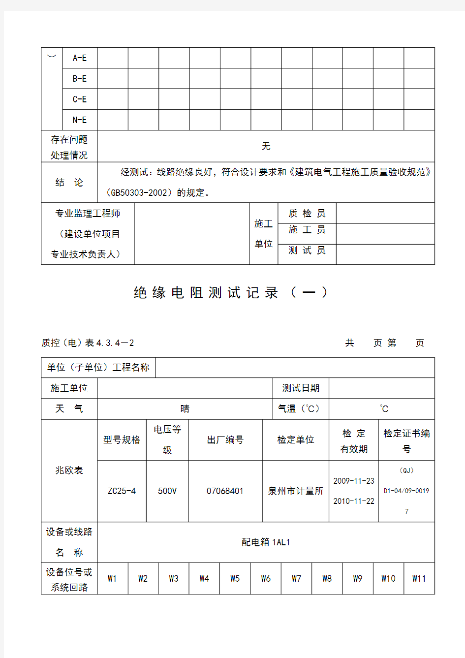 范例-绝缘电阻测试记录