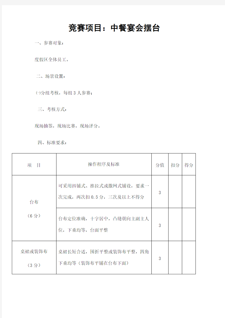 餐饮服务技能大赛中餐摆台规则和评分标准