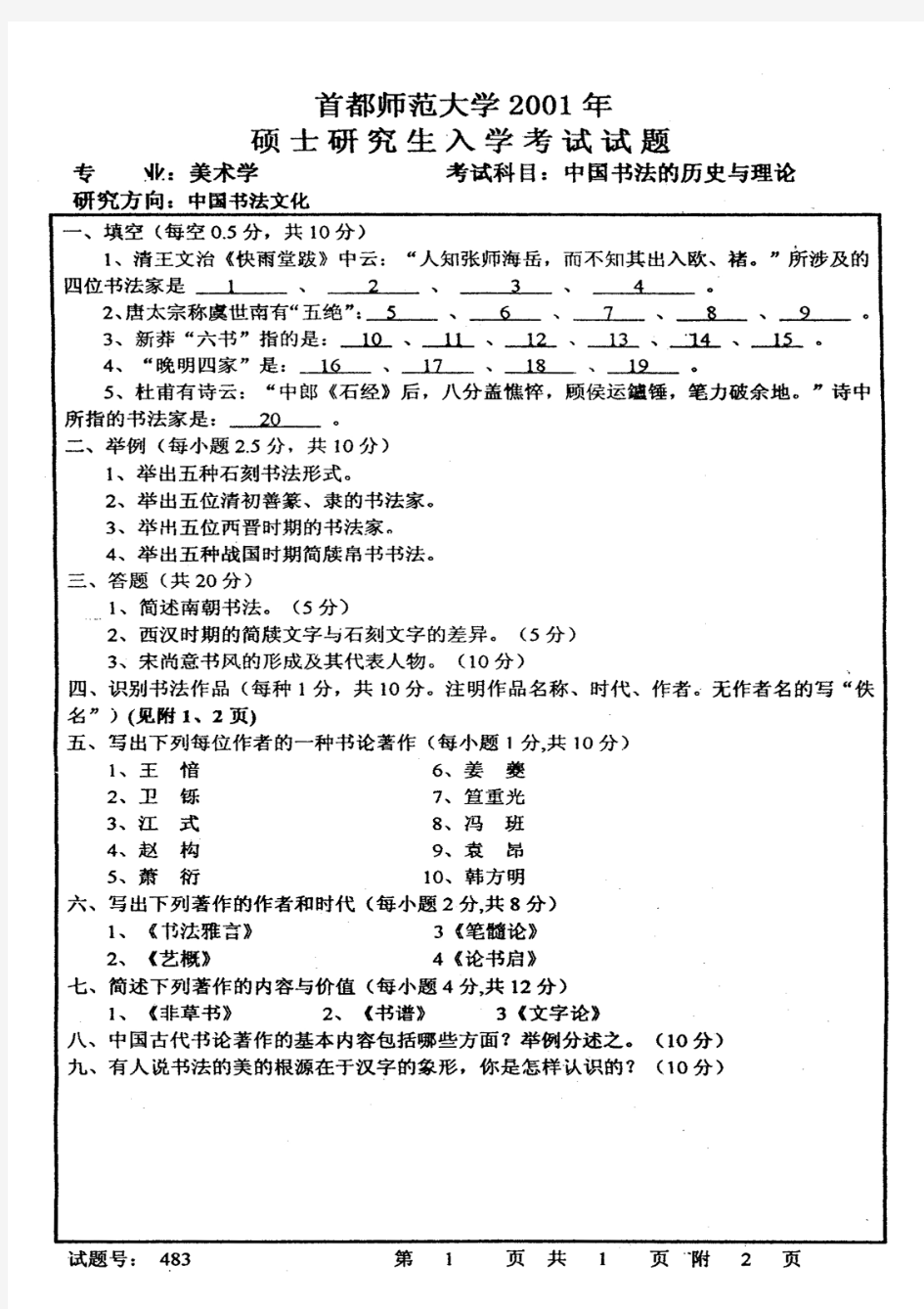 首都师范大学中国书法的历史和理论2001、2003-2014考研真题汇编