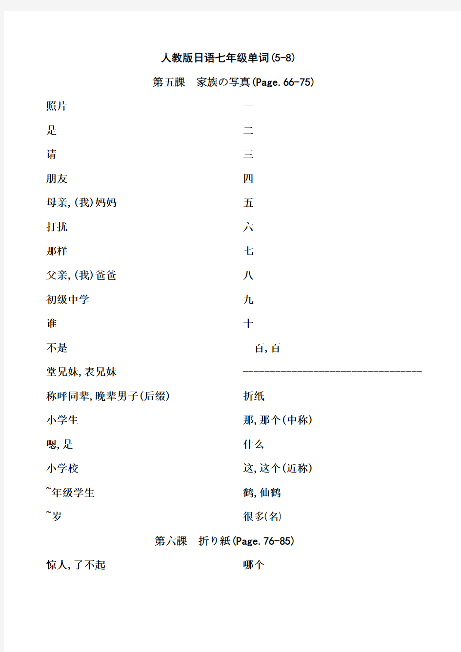 人教版日语七年级单词5-8课