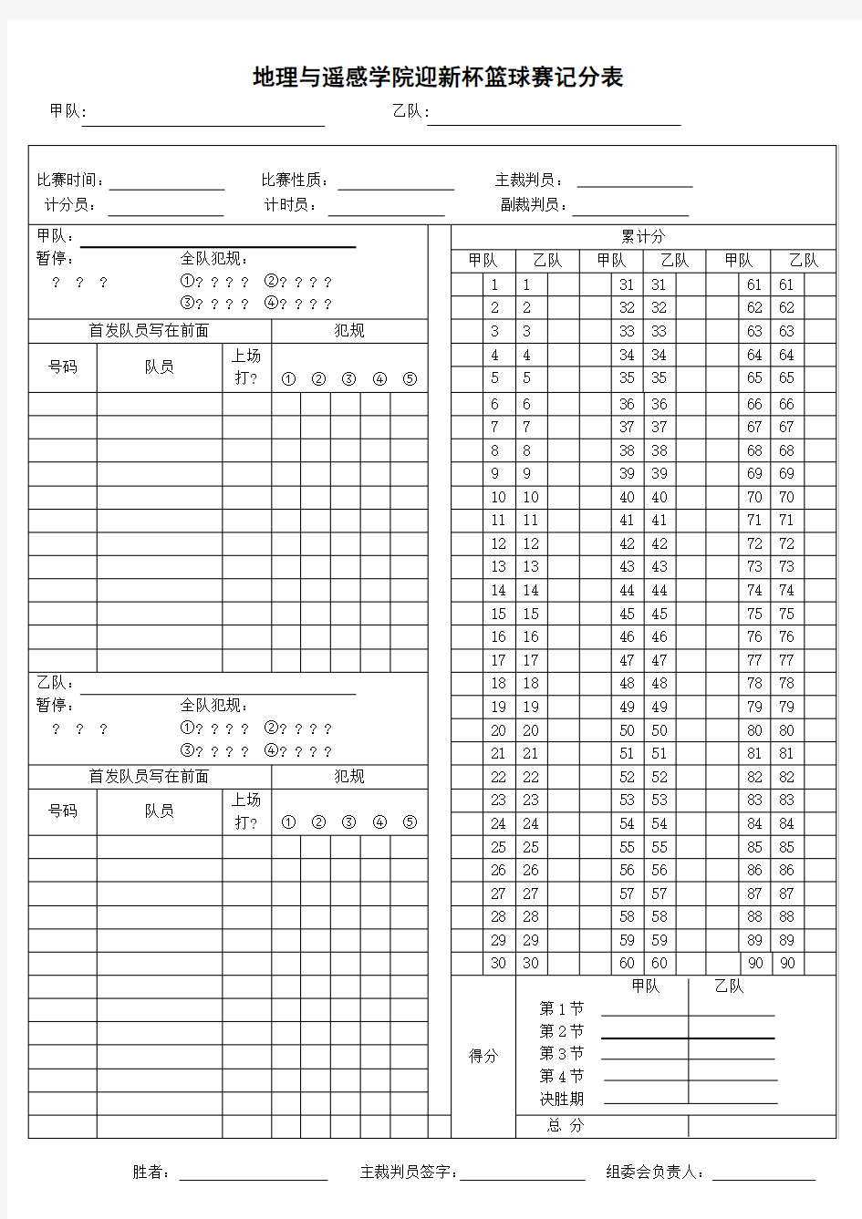 篮球比赛计分表