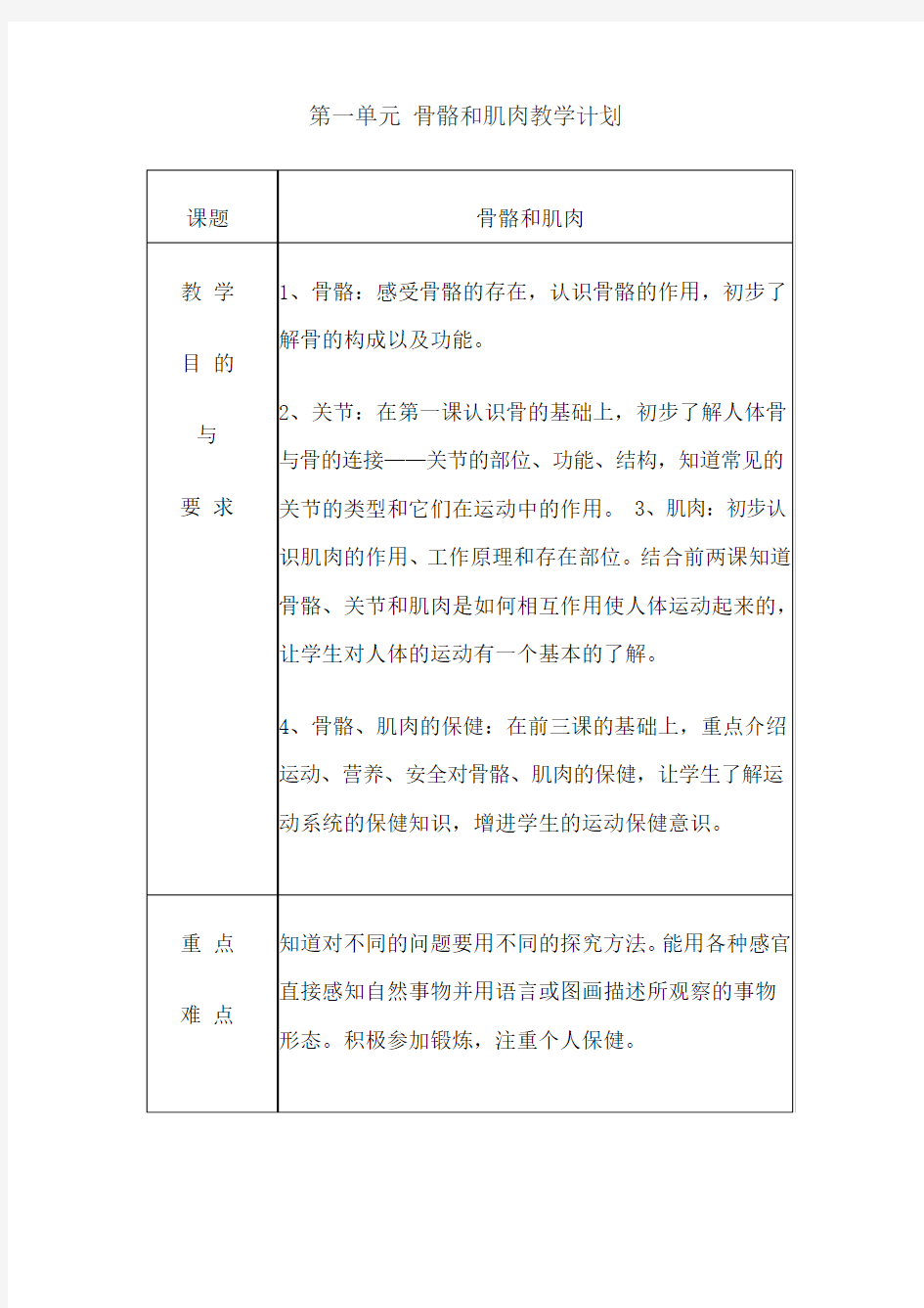 四年级下册科学单元教学计划