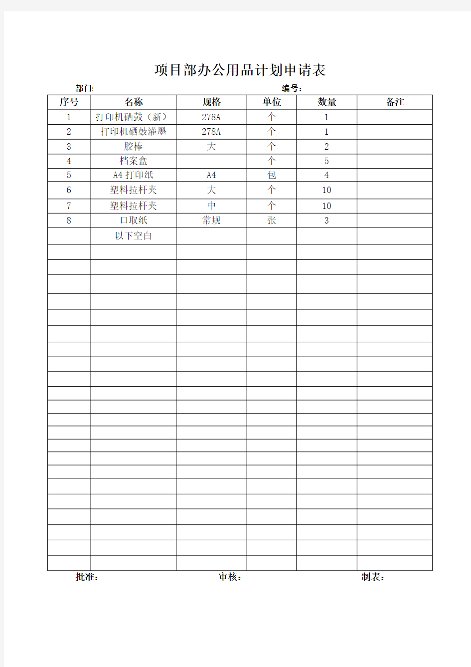 项目部办公用品计划申请表(模板)