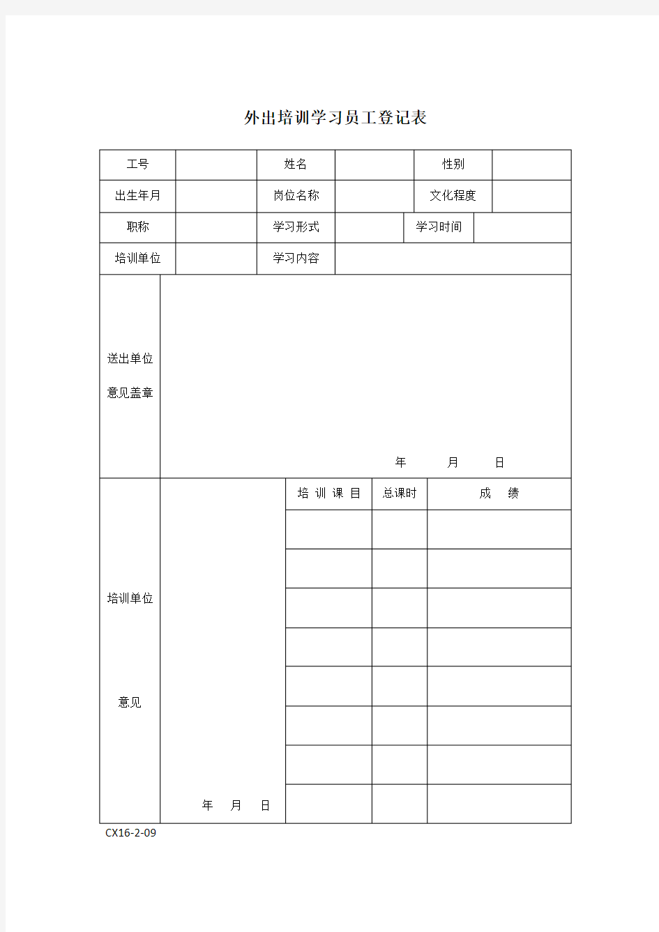 外出培训学习员工登记表