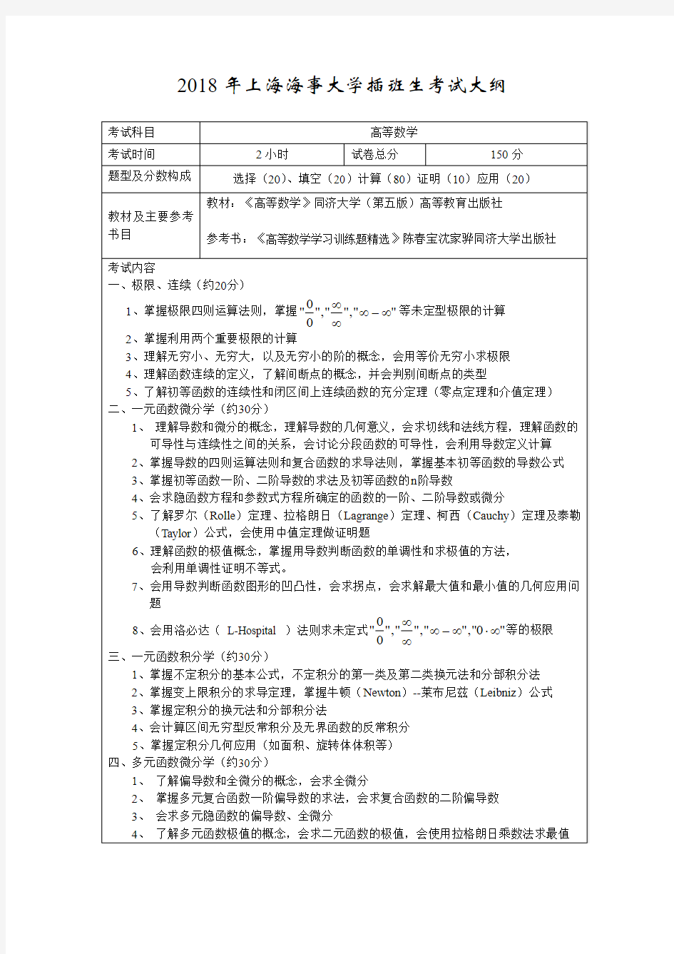 上海海事大学插班生考试大纲