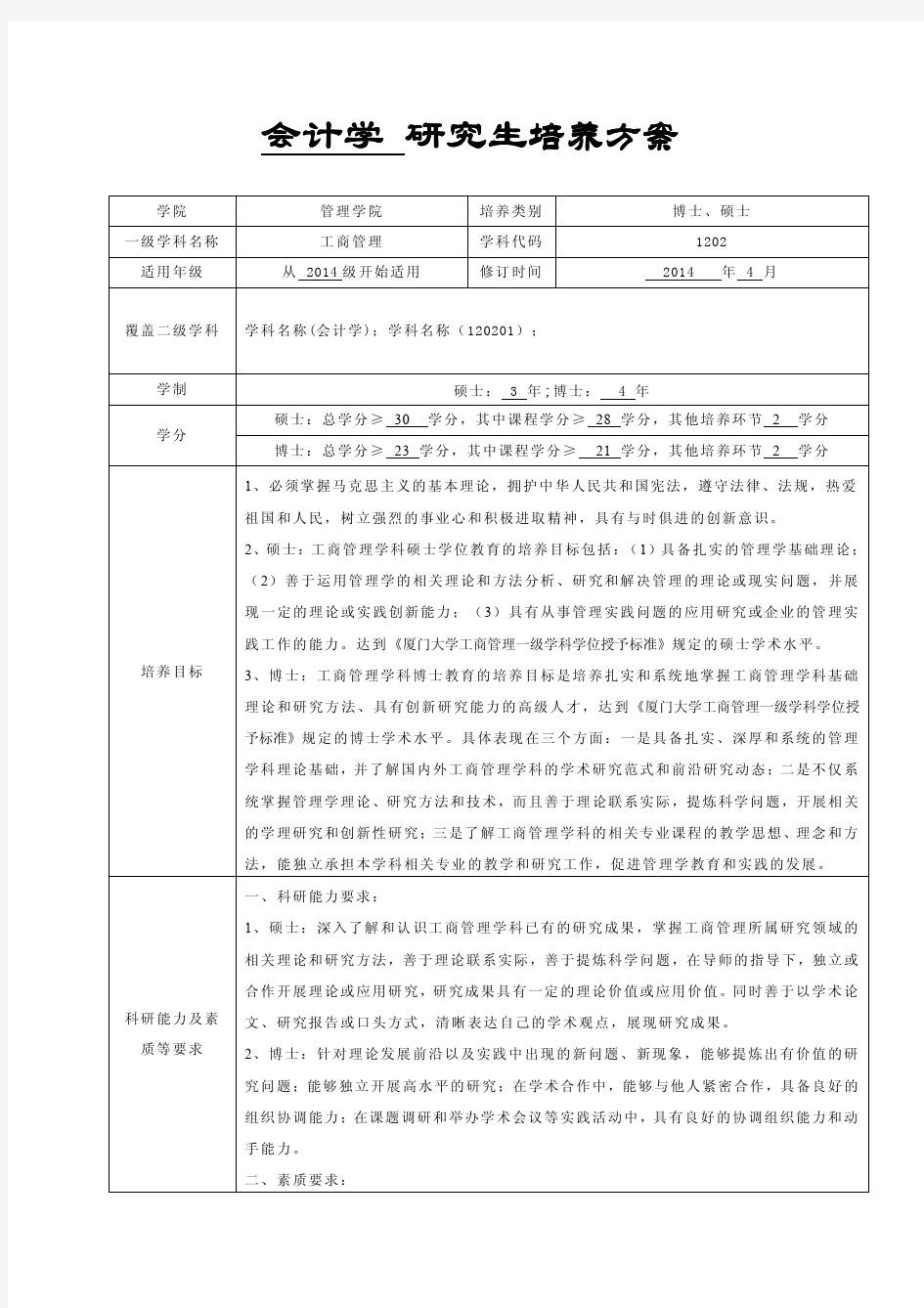 会计学研究生培养方案