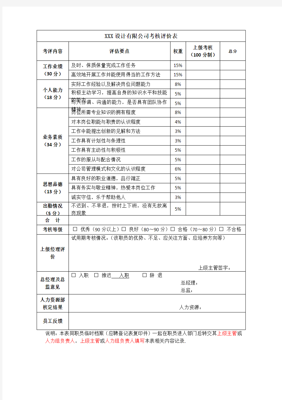 公司新员工入职评价表