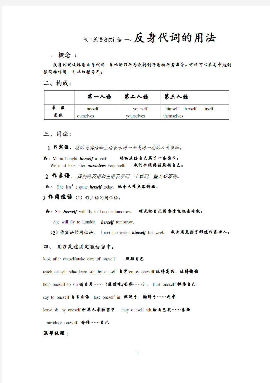 2018中考反身代词专题训练