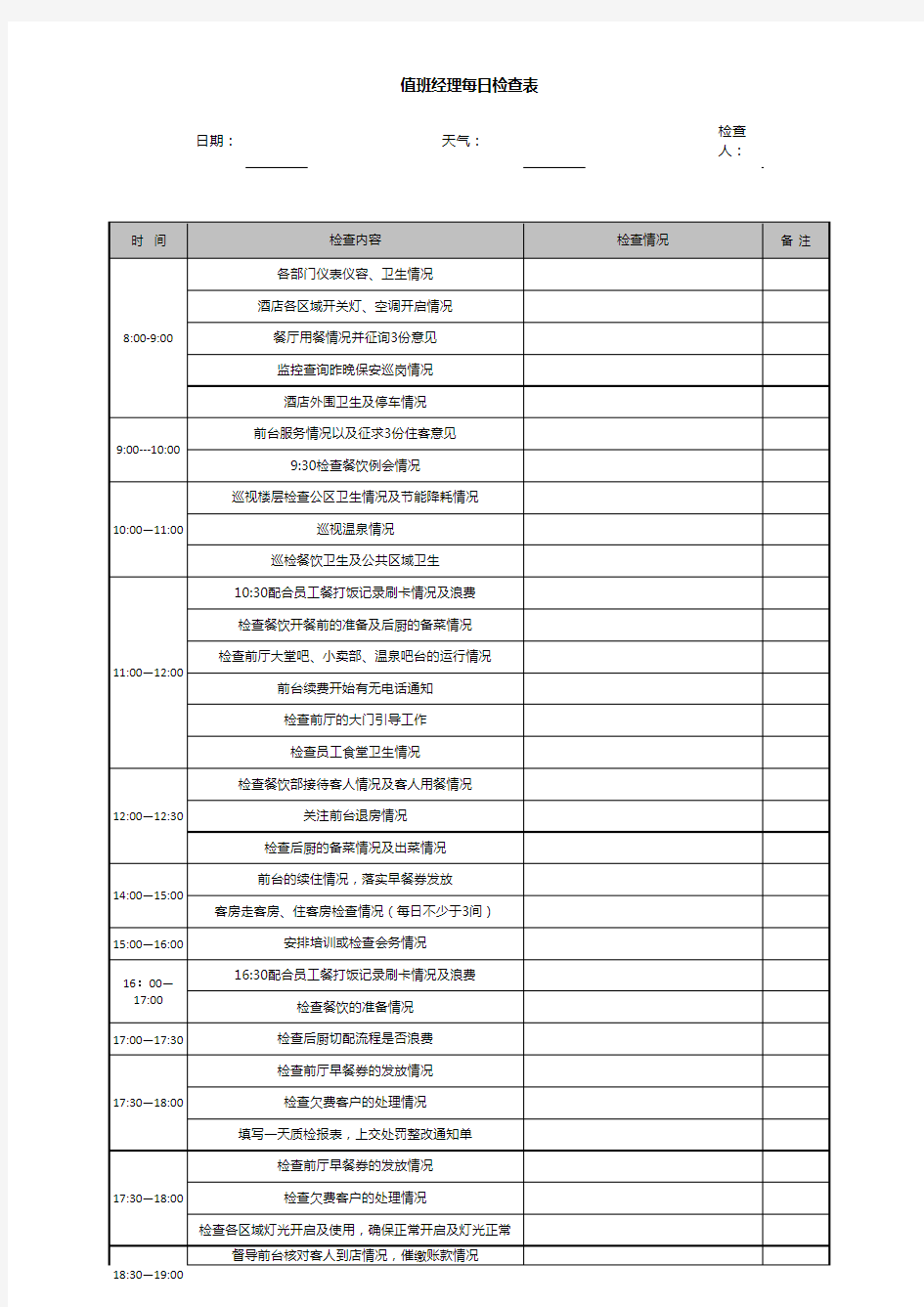 【模板】酒店值班经理每日检查表