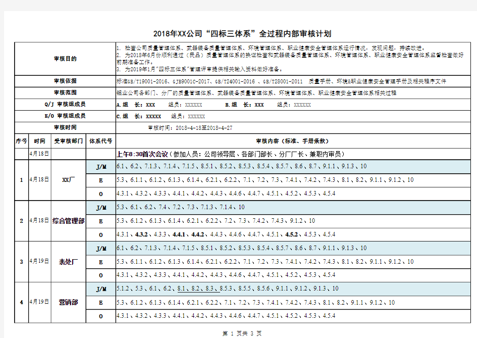 2018年“四标三体系”内部审核计划(新版标准)